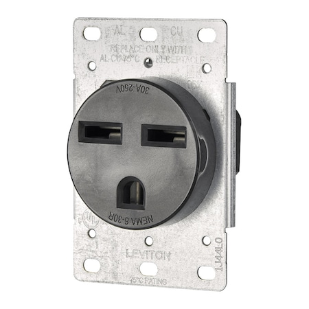 Leviton Straight Blade Receptacle, 6-30R, 30 A, 250V AC, 2 Pole, 3 Wire, Flush Mount, Grounded 05372-S00